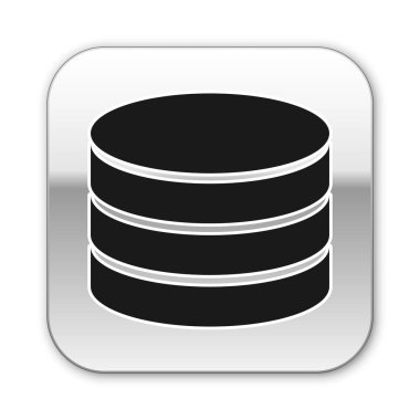 Beyaz arka planda yalıtılmış siyah veritabanı simgesi. Ağ veritabanları, ilerleme çubuğu olan disk. Yedekleme konsepti. Gümüş kare düğme. Vektör İllüstrasyonu