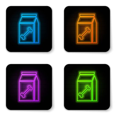 Beyaz arka plan üzerinde izole evcil hayvan simgesi için gıda Parlayan neon Çanta. Hayvanlar için yiyecek. Köpek kemiği işareti. Evcil hayvan yiyecek paketi. Siyah kare düğme. Vektör İllüstrasyonu