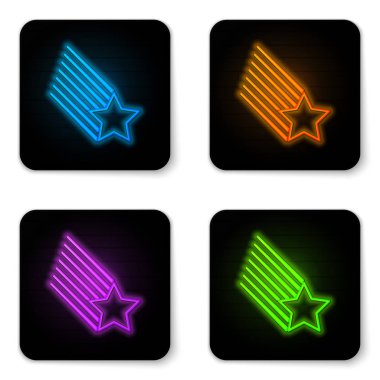Beyaz arka planda izole edilmiş parlayan neon Falling yıldız simgesi. Yıldız izi olan kayan yıldız. Meteoroid, göktaşı, kuyruklu yıldız, asteroit, yıldız simgesi. Siyah kare düğme. Vektör İllüstrasyonu