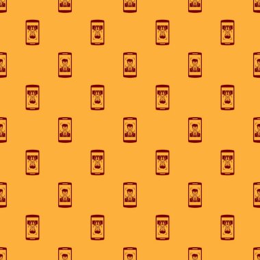 Kırmızı Cep telefonu ve yüz tanıma simgesi kahverengi arka plan üzerinde izole sorunsuz desen. Yüz tanımlama tarayıcı simgesi. Yüz kimliği. Siber güvenlik konsepti. Vektör İllüstrasyonu