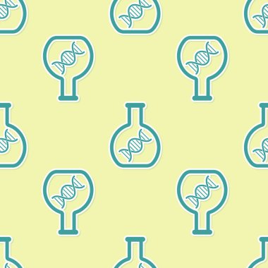 Yeşil DNA araştırması, arama simgesi sarı arka plan üzerinde izole dikişsiz desen. Genetik mühendisliği, genetik testi, klonlama, babalık testi. Vektör İllüstrasyonu