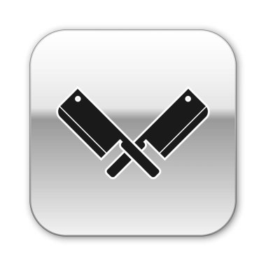 Siyah Çapraz et doğrama simgesi beyaz arka plan üzerinde izole. Et için mutfak bıçağı. Kasap bıçağı. Gümüş kare düğme. Vektör İllüstrasyonu