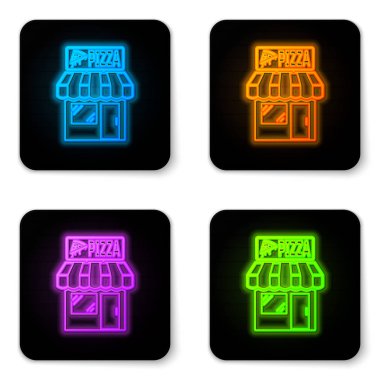 Beyaz arka plan üzerinde izole parlayan neon Pizzeria bina cephe simgesi. Fast food pizzacı büfesi. Siyah kare düğme. Vektör İllüstrasyonu