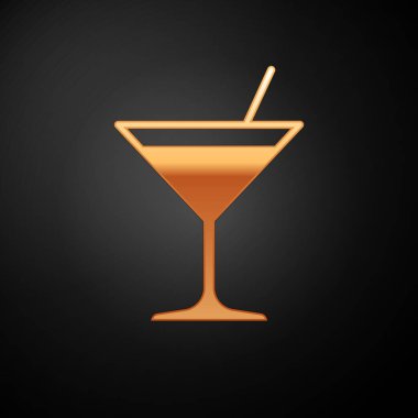 Altın Martini cam simgesi siyah arka plan üzerinde izole. Kokteyl simgesi. Şarap bardağı simgesi. Vektör İllüstrasyonu