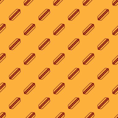 Hardal simgesi ile Kırmızı Hotdog sandviç kahverengi arka plan üzerinde izole dikişsiz desen. Sosis simgesi. Fast food işareti. Vektör İllüstrasyonu