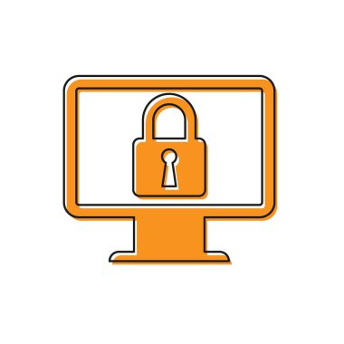 Turuncu Kilit bilgisayar monitörü ekran simgesi beyaz arka plan üzerinde izole. Monitör ve asma kilit. Güvenlik, güvenlik, koruma konsepti. Güvenli internet çalışması. Vektör İllüstrasyonu