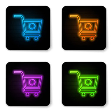 Beyaz arka planda yalıtılmış parlayan neon Refresh alışveriş sepeti simgesi. Online satın alma konsepti. Teslimat hizmeti işareti. Süpermarket sepeti simgesini güncelleyin. Siyah kare düğme. Vektör İllüstrasyonu