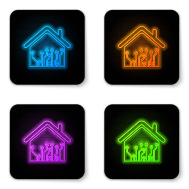Beyaz arka planda izole parlayan neon Smart ev simgesi. Uzaktan kumanda. Siyah kare düğme. Vektör İllüstrasyonu