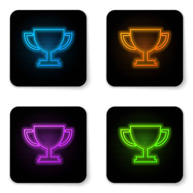 Beyaz arka planda izole parlayan neon Trophy fincan simgesi. Ödül sembolü. Şampiyon kupa simgesi. Siyah kare düğme. Vektör İllüstrasyonu