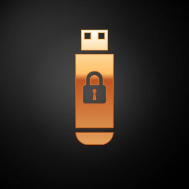 Siyah arka planda izole edilmiş kapalı asma kilit simgesine sahip Altın Usb flash sürücü. Güvenlik, güvenlik, koruma konsepti. Vektör İllüstrasyonu