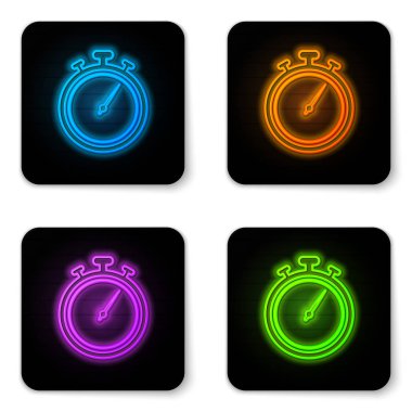Beyaz arka planda yalıtılmış parlayan neon Kronometre simgesi. Zaman layıcı işareti. Kronometre işareti. Siyah kare düğme. Vektör İllüstrasyonu