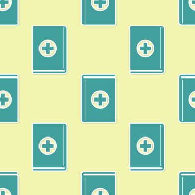 Yeşil Tıp kitap simgesi sarı arka plan üzerinde sorunsuz desen izole. Düz tasarım. Vektör İllüstrasyonu