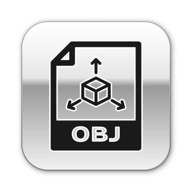 Siyah Obj dosya belge simgesi. Beyaz arka planda yalıtılmış obj düğme simgesini indirin. Obj dosya sembolü. Gümüş kare düğme. Vektör İllüstrasyonu
