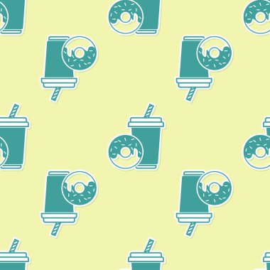 Yeşil Soda içme saman ve donut simgesi sarı arka plan üzerinde izole dikişsiz desen ile içki. Fast food sembolü. Vektör İllüstrasyonu