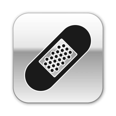 Siyah Bandaj alçı simgesi beyaz arka plan üzerinde izole. Tıbbi alçı, yapışkan bandaj, esnek kumaş bandajı. Gümüş kare düğme. Vektör İllüstrasyonu