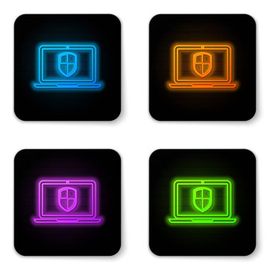 Beyaz arka planda kalkan simgesi ile korunan parlayan neon Laptop. İnternet güvenliği kavramı. Pc güvenliği, güvenlik duvarı teknolojisi, gizlilik güvenliği. Siyah kare düğme. Vektör İllüstrasyonu