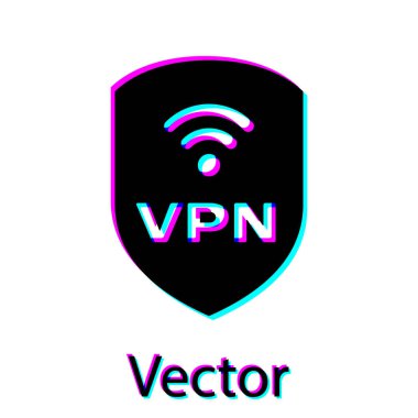 Vpn ve wifi kablosuz internet ağı simge simgesi beyaz arka plan üzerinde izole ile Siyah Kalkan. Vpn güvenlik kavramını koruyun. Vektör İllüstrasyonu