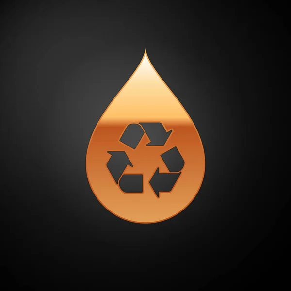 Gold recycelt sauberes Aqua-Symbol isoliert auf schwarzem Hintergrund. Wassertropfen mit Zeichenrecycling. Vektorillustration — Stockvektor