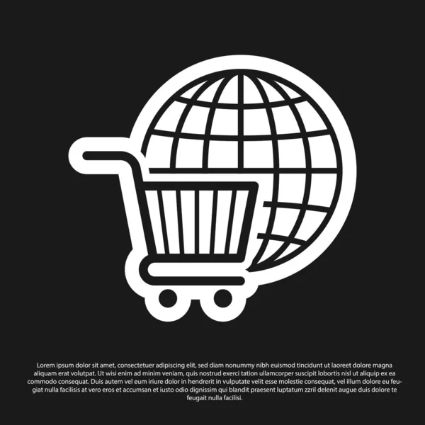 Carrinho de compras preto com ícone globo isolado no fundo preto. Conceito de compra online. Conceito de mercado global. Símbolo da cesta de supermercado. Ilustração vetorial — Vetor de Stock