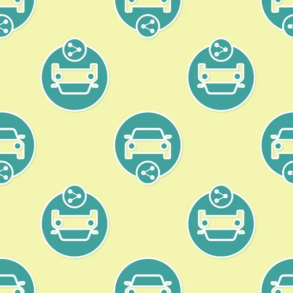 Πράσινο αυτοκίνητο κοινή χρήση εικονίδιο απομονωμένη απρόσκοπτη μοτίβο σε κίτρινο φόντο. Πινακίδα της καρκάρης. Σχέδιο υπηρεσίας μίσθωσης μεταφορών. Επίπεδη σχεδίαση. Απεικόνιση διανυσματικών φορέων — Διανυσματικό Αρχείο