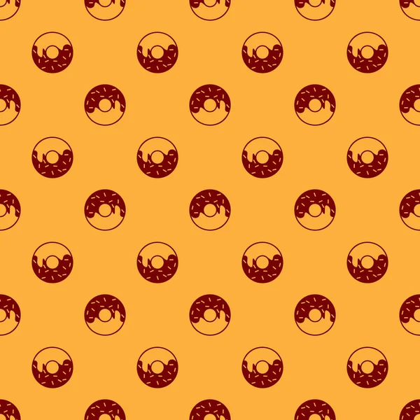 Червоний пончик з солодким глазур'ю ікона ізольований безшовних візерунок на коричневому фоні. Векторна ілюстрація — стоковий вектор