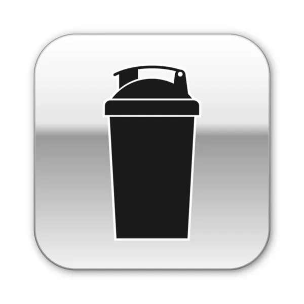 Schwarzes Fitness-Shaker-Symbol auf weißem Hintergrund. Sport-Shakerflasche mit Deckel für Wasser und Proteincocktails. Silberner quadratischer Knopf. Vektorillustration — Stockvektor