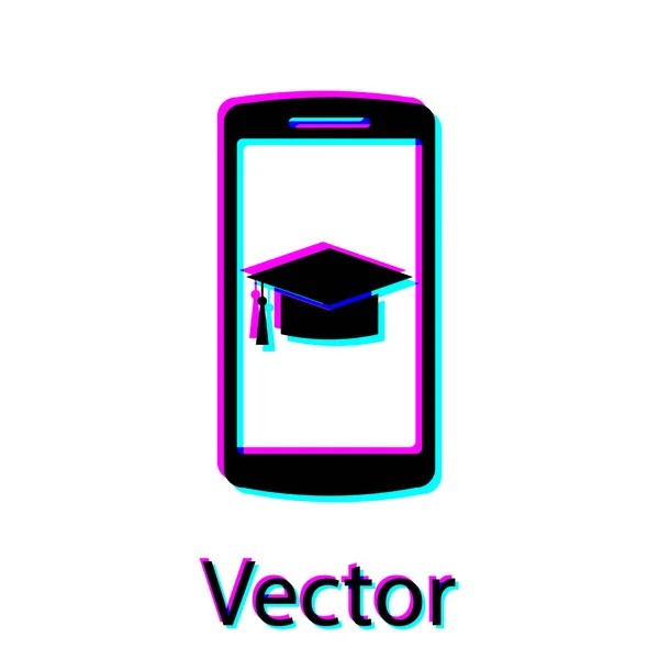 Schwarze Graduierungskappe auf dem Bildschirm Smartphone-Symbol isoliert auf weißem Hintergrund. Online-Lernen oder E-Learning-Konzept. Vektorillustration — Stockvektor