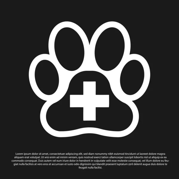 Czarna ikona kliniki weterynaryjnej na czarnym tle. Krzyż Szpital znak. Stylizowane Paw Print psa lub kota. PET znak pierwszej pomocy. Ilustracja wektorowa — Wektor stockowy