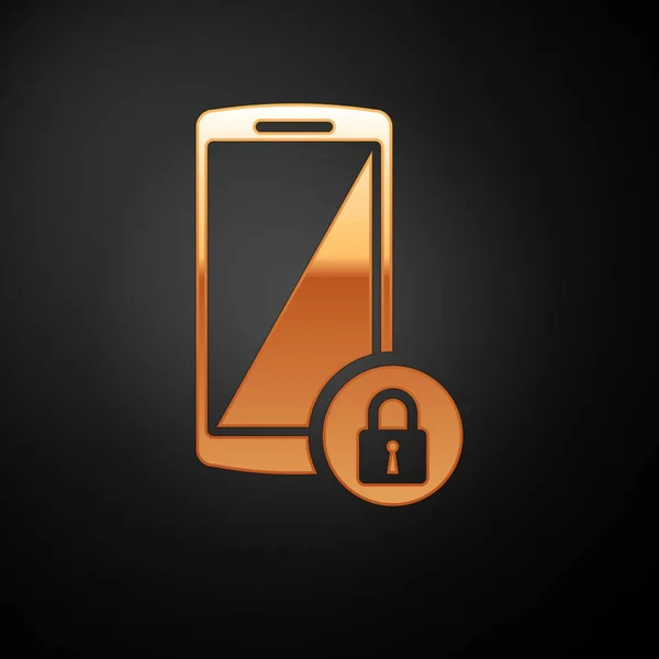 Smartphone dorado con icono de candado cerrado aislado sobre fondo negro. Teléfono con llave. Seguridad móvil, seguridad, concepto de protección. Ilustración vectorial — Vector de stock