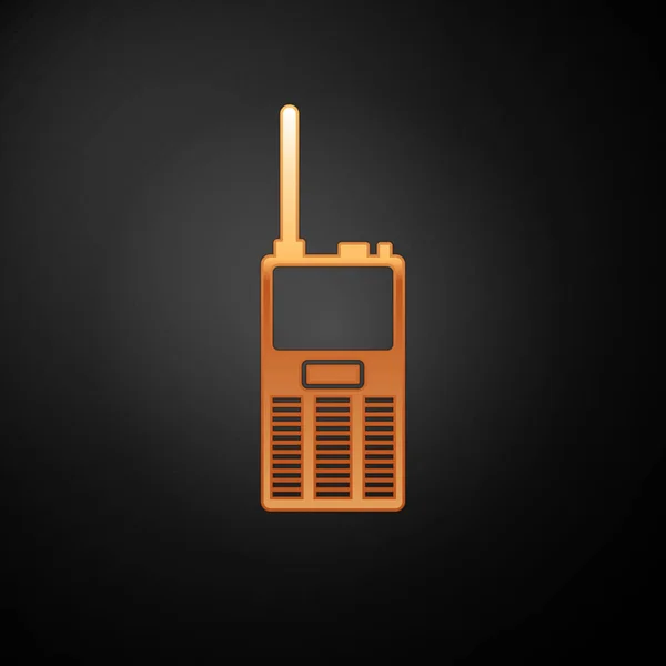Gold Walkie talkie icon isolated on black background. Portable radio transmitter icon. Radio transceiver sign. Vector Illustration — Stock Vector