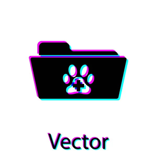Black Medical veterinary record folder icon isolated on white background. Dog or cat paw print. Document for pet. Patient file icon. Vector Illustration — Stock Vector