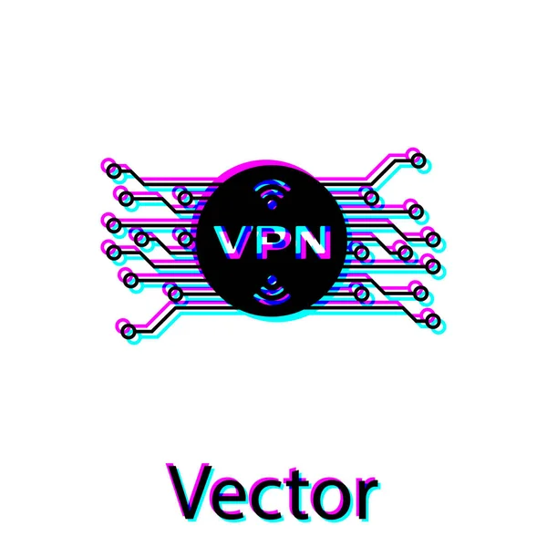 VPN negra en círculo con icono de circuito de microchip aislado sobre fondo blanco. Ilustración vectorial — Vector de stock