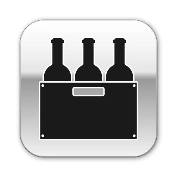 Zwarte flessen wijn in een houten kist icoon geïsoleerd op witte achtergrond. Wijnflessen in een houten krat icoon. Zilveren vierkante knop. Vector illustratie — Stockvector