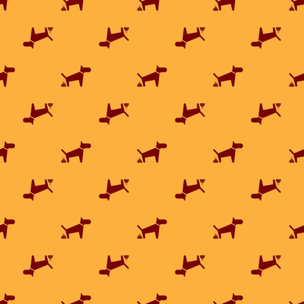 갈색 배경에 빨간 개 똥 아이콘 고립 된 원활한 패턴. 개는 화장실에 간다. 개 배변. 애완 동물을 산책하기위한 장소의 개념. 벡터 일러스트레이션 — 스톡 벡터