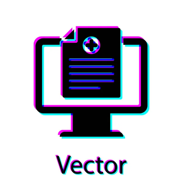 Schwarze Krankenakte auf Monitor-Symbol isoliert auf weißem Hintergrund. Krankenversicherungsformular. Verschreibungspflichtig, berichten medizinische Prüfzeichen. Vektorillustration — Stockvektor