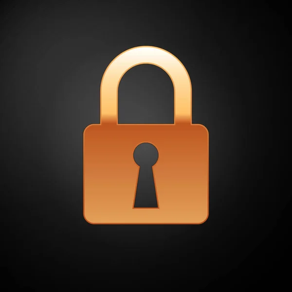 Icono de Gold Lock aislado sobre fondo negro. Señal de candado cerrada. Concepto de seguridad cibernética. Protección de datos digital. Seguridad. Ilustración vectorial — Vector de stock