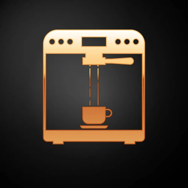 Gold Kaffeemaschine und Kaffeetasse Symbol isoliert auf schwarzem Hintergrund. Vektorillustration — Stockvektor