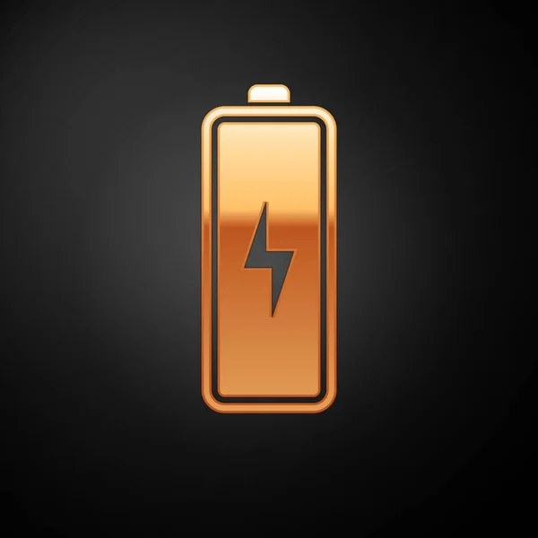 Ícone de bateria de ouro isolado no fundo preto. Símbolo relâmpago. Ilustração vetorial — Vetor de Stock