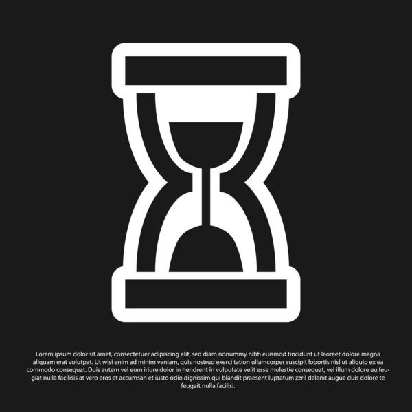 Reloj de arena negro viejo con el icono de arena que fluye aislado en el fondo negro. Señal de reloj de arena. Concepto de negocio y gestión del tiempo. Ilustración vectorial — Archivo Imágenes Vectoriales