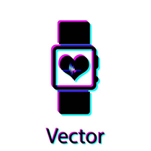 Black Smart hodinky zobrazující ikonu srdeční tep izolované na bílém pozadí. Koncept Fitness App. Vektorová ilustrace — Stockový vektor