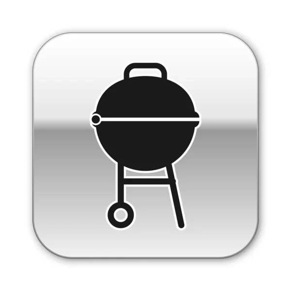 Barbecue icône grill noir isolé sur fond blanc. Barbecue grill party. Bouton carré argenté. Illustration vectorielle — Image vectorielle