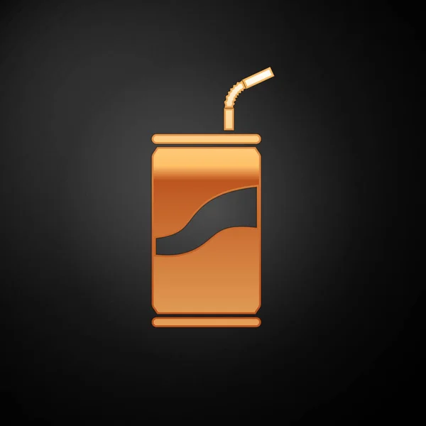 Gold Soda lata con beber icono de paja aislado sobre fondo negro. Ilustración vectorial — Archivo Imágenes Vectoriales