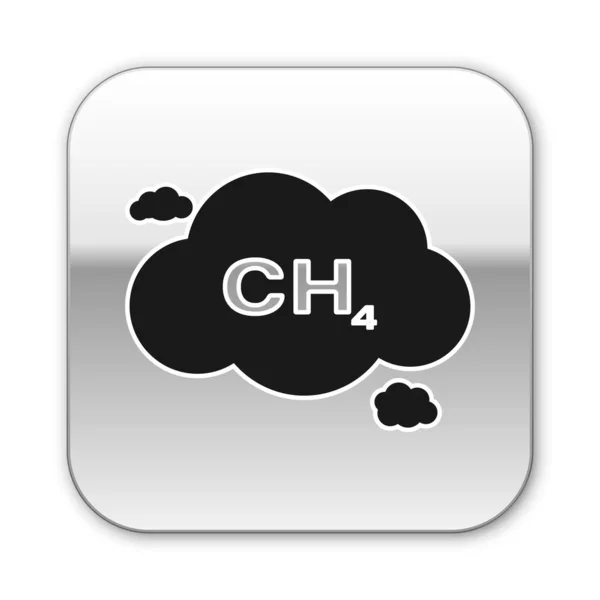 Icône noire de réduction des émissions de méthane isolée sur fond blanc. Modèle de molécules CH4 et formule chimique. Gaz de marais. Du gaz naturel. Bouton carré argenté. Illustration vectorielle — Image vectorielle