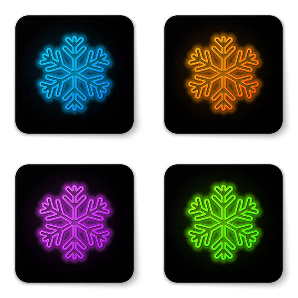 Leuchtende Neonsnowflake Ikone isoliert auf weißem Hintergrund. schwarzer quadratischer Knopf. Vektorillustration — Stockvektor