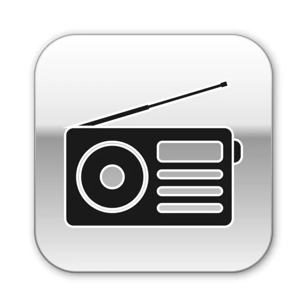 Czarny radio z ikoną anteny na białym tle. Srebrny kwadrat przycisk. Ilustracja wektorowa — Wektor stockowy
