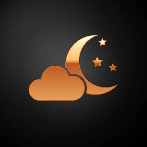 Gold Cloud with moon and stars icon isolated on black background. Cloudy night sign. Sleep dreams symbol. Night or bed time sign. Vector Illustration — Stock Vector