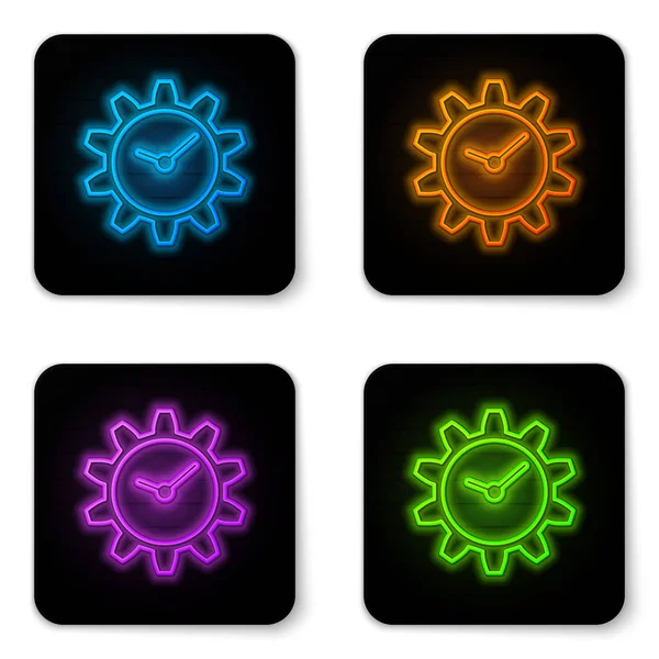 Leuchtende neonfarbene Zeitmanagement-Ikone isoliert auf weißem Hintergrund. Uhr und Schaltzeichen. schwarzer quadratischer Knopf. Vektorillustration — Stockvektor