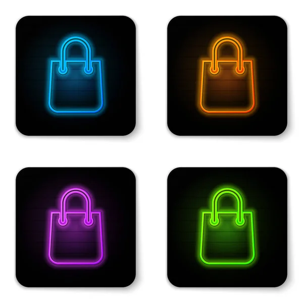Glowing neon Shopping bag icon isolated on white background. Package sign. Black square button. Vector Illustration — Stock Vector