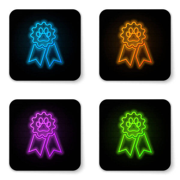 Glowing neon Pet award symbol icon isolated on white background. Badge with dog or cat paw print and ribbons. Medal for animal. Black square button. Vector Illustration