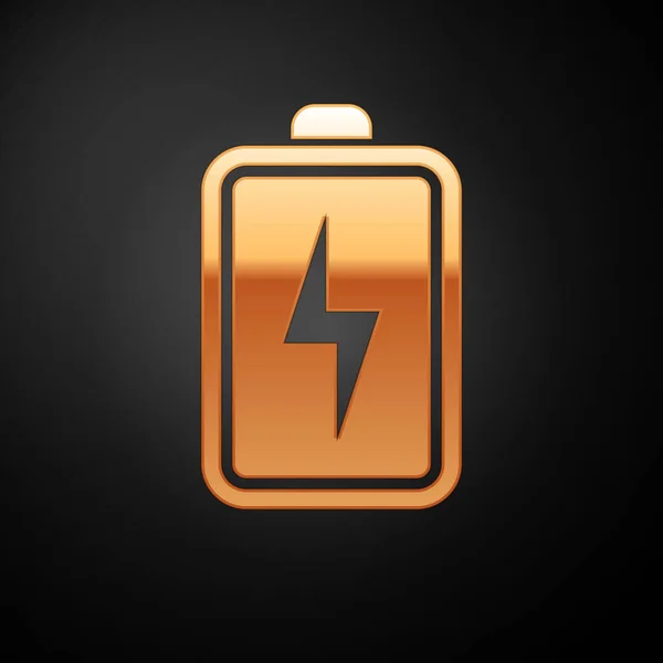 Gouden batterijpictogram geïsoleerd op zwarte achtergrond. Bliksemschicht symbool. Vector illustratie — Stockvector